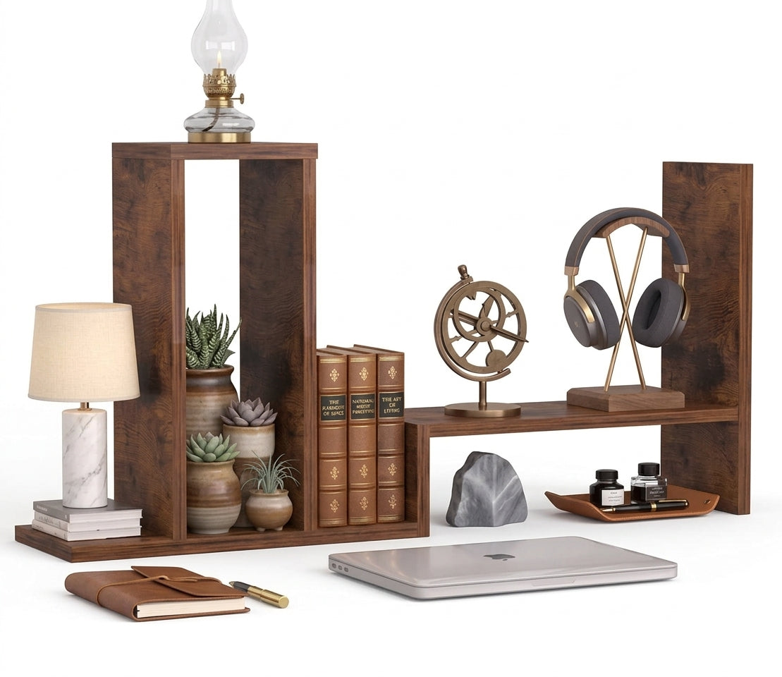 Étagère de Bureau 3 Niveaux Ajustable & Extensible en Bois MDF